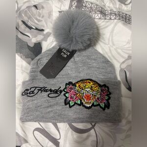 Ed Hardy Gray Beanie with Faux Fur Pom